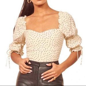 REFORMATION Nina Top Size 2 XXS White Polka Dot Puff Sleeve Milkmaid Cottagecore